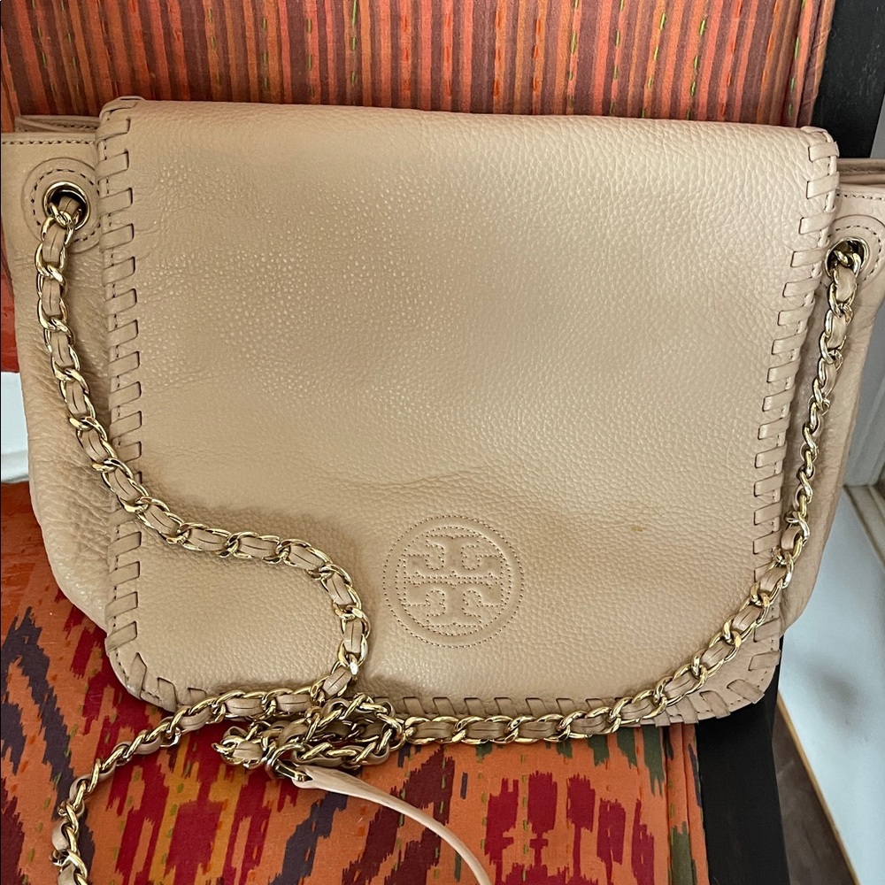 Tory Burch Beige Marion Leather Whipstitch Chain Shoulder Bag